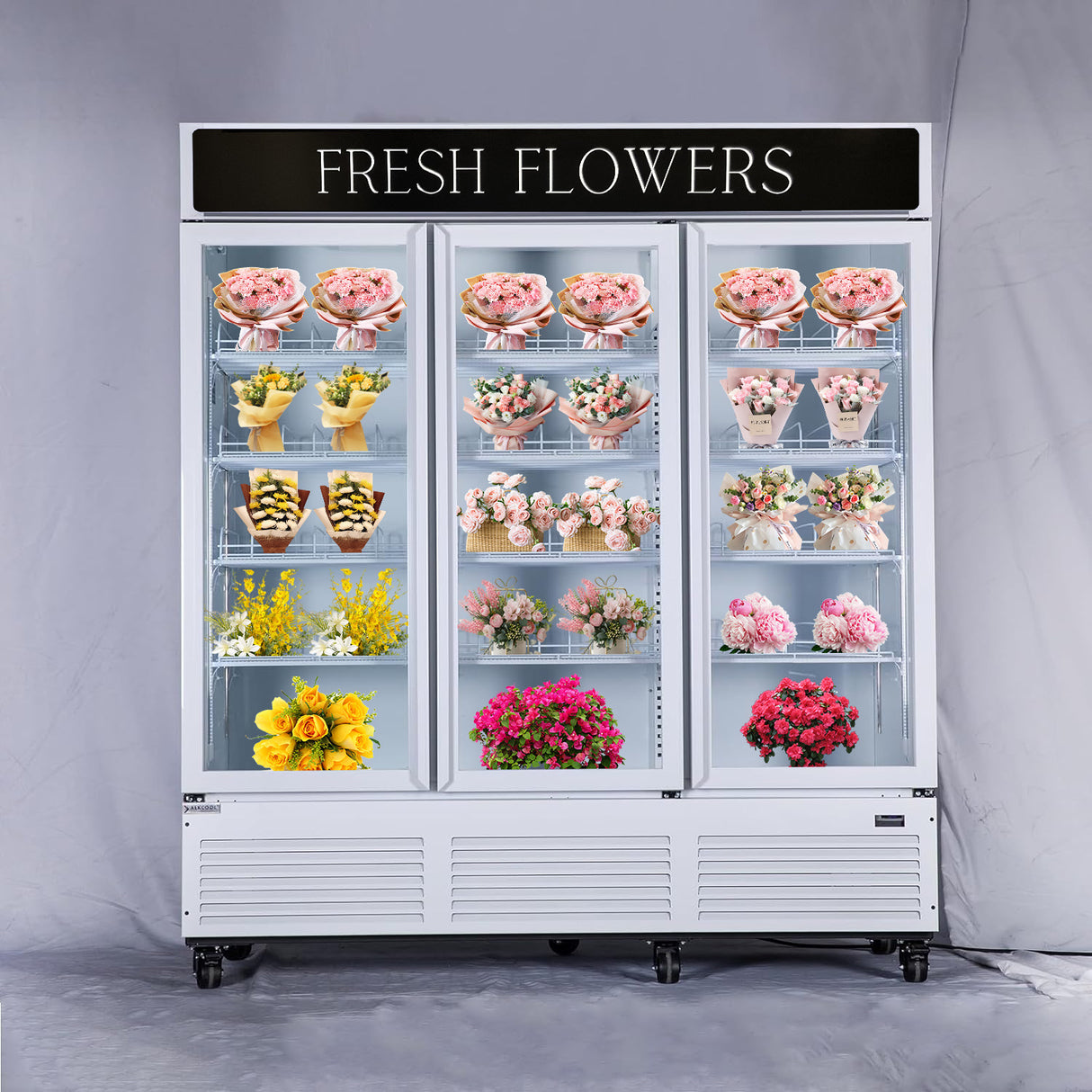 Customized Flower Display Three Glass Door Refrigerator Width 72''
