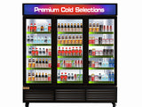 Black TGDR70'' 63.5 Cubic Ft, 71" Wide Three Section Swing Glass Door Merchandiser Refrigerator